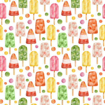 Fruit popsicle seamless pattern. Hand drawn red, yellow, green watercolor ice cream pops isolated on white background. Summer frozen yummy dessert. Cute holiday food repeated design.