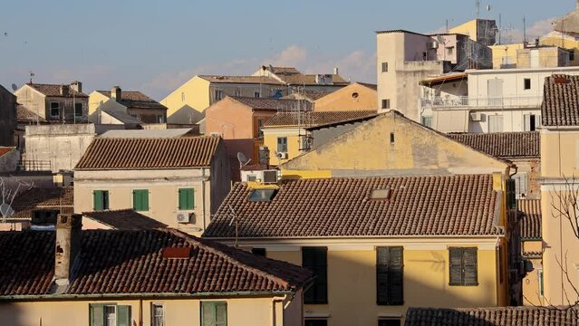 Houses on Tenedos area of Old Town of Corfu city, capital of Corfu Island, Greece