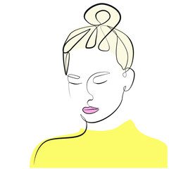 Abstract woman head close up one line drawing on white isolated background