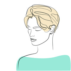 Abstract woman head close up one line drawing on white isolated background