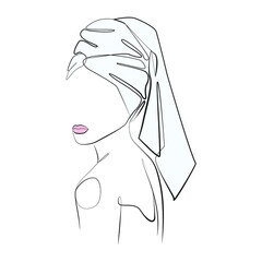 Woman with towel on her head one line drawing on white isolated 