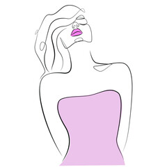 Abstract woman in dress one line drawing on white isolated background