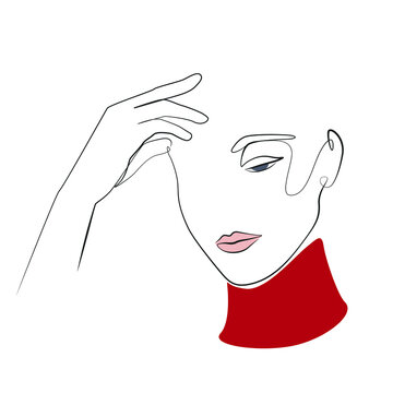 Person rests her head on her hand in thought and fatigue, the headache prevents her from concentrating line drawing on white isolated background. Vector illustration