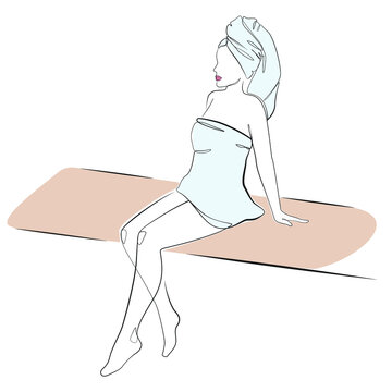 recommend clip art: Woman with a towel on her head after a shower or during a spa procedure line art on white isolated background, sits on a bench in a sauna or hammam. Vector illustration