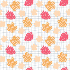 Strawberries and spotted flowers seamless pattern in 1970s style. Hippie aesthetic print for fabric, paper, T-shirt. Groovy grid distorted background for decor and design.