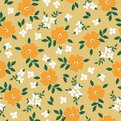 Simple vintage pattern. White and yellow flowers. beige background. Fashionable print for textiles and wallpaper.