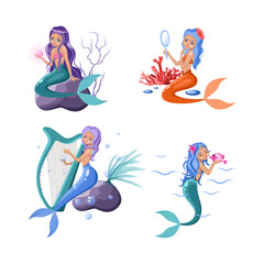 Set of illustrations of cute mermaids.