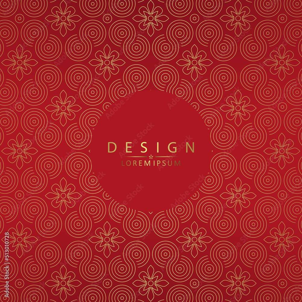 Canvas Prints red background with gold pattern and flowers, round frame isolated