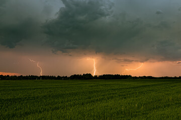 Summer lightning storms with lightning bolts near horizon