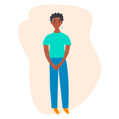 Urinary incontinence problem. The young african american man wants to pee. The guy feels pain in his groin. Experiencing pain. Flat vector illustration.