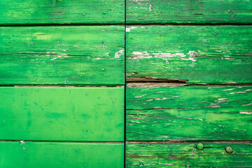 Green weathered wooden boards texture bg, chipped paint