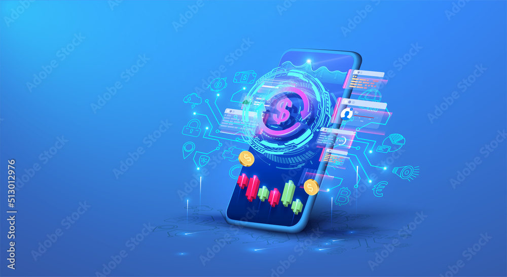 Leinwandbilder Digital finance all over the world using the internet mobile app. Fintech management of digital big data analytics. Transactions in Online systems. Phone in isometry on background of business icon.
