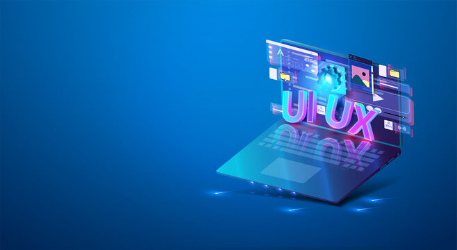 Mobile UI/UX development design concept neon design of mobile applications. Laptop with interface elements on a blue background. Innovations and technologies. Set of tools for creating user interface