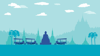 flat cartoon of tuk tuk (traditional taxi) and pagoda and temple at Thailand