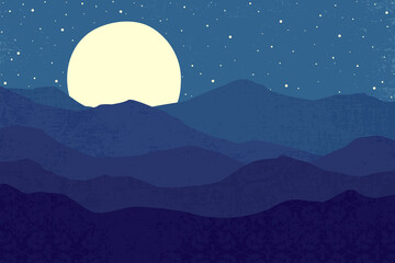 An abstract landscape of mountains moon filled night sky, in a cut paper style with textures
