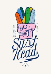 Surf head. Skull full of surfboards. Vintage typography surfing vector illustration silkscreen t-shirt print