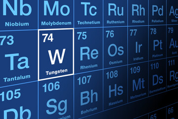 Tungsten, wolfram on periodic table. Rare metal and chemical element with symbol W and atomic number 74. Used for incandescent light bulb filaments, X-ray tubes, superalloys, and radiation shielding.