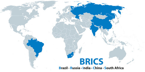 Fototapeta na wymiar BRICS, member states, political map. Acronym coined to associate the five major emerging economies in the world, the countries Brazil, Russia, India, China (PRC), and South Africa. Illustration.