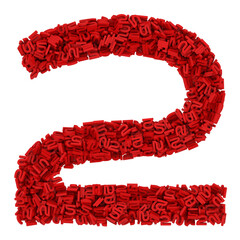 Number 2 made of small red numbers 2, isolated on white, physical simulation, 3d rendering