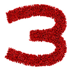 Number 3 made of small red numbers 3, isolated on white, physical simulation, 3d rendering