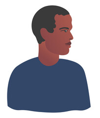 Portrait of young black man in blue sweater. African american male with face in profile. Shoulder-length side view portrait in flat style. Vector illustration for print, poster, banner, advertisement