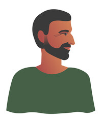 Portrait of adult brown man in green sweater. Latino male with face in profile. Shoulder-length side view portrait in flat style. Vector illustration for print, poster, banner, advertisement.
