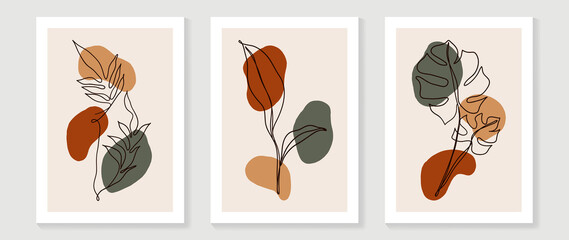 Set of abstract foliage wall art vector. Leaves, organic shapes, earth tone colors, leaf branch in line art style. Botanical wall decoration collection design for interior, poster, cover, banner.
