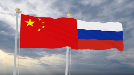 Russian and China Flags are waving in the spring of the blue sky. 3d rendering.