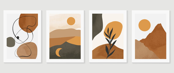 Set of abstract foliage wall art vector. Leaves, organic shapes, earth tone colors, leaf branch in line art style. Watercolor wall decoration collection design for interior, poster, cover, banner. © TWINS DESIGN STUDIO