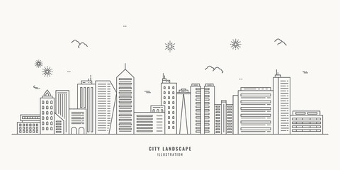 Cityscape. Modern flat line landscape vector. City landscape line art illustration with building, tower, skyscrapers. Vector illustration.