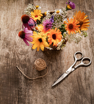 Wild flowers scissors tangle of ropeon old wooden grunge background ( lupine dandelions thyme mint bells rape).