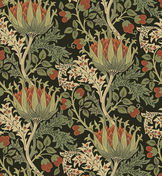 Floral seamless pattern with big flowers and foliage on dark background. Vector illustration.