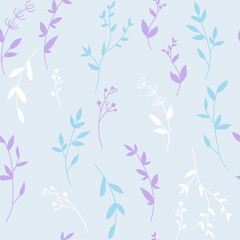 Fototapeta premium Seamless pattern with wild herbs branches and leaves background cute spring vintage colorful pattern with leaves.