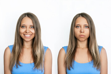 Two portraits of a young caucasian tanned attractive blonde woman: cheerful and sad isolated on a white background. Before and after. A smile affects appearance. Negative and positive emotions - Powered by Adobe