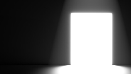 Bright white luminous door. The concept of a white open door on a black wall with space for text.3D render.