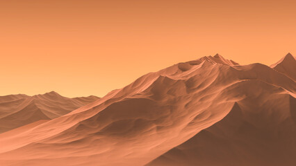 Planet landscape orange desert with mountains. Relief mountains and sky desert fantasy planet minimalism.3D render.