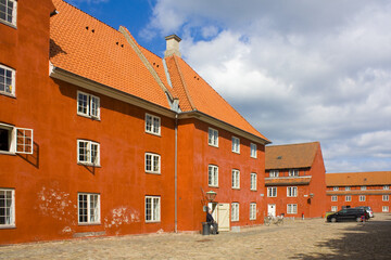 Red houses in the historical Fortress Kastellet in Copenhagen, Denmark