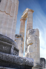 Landscape of architecture pillars and ancient sculptures in the Temple of Apollo in Didyma, Turkey....
