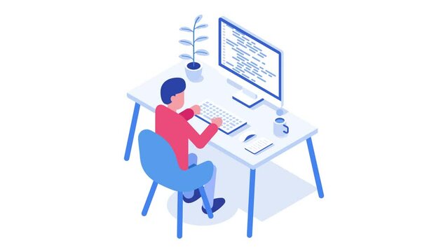 Male programmer at work concept. Man working on desktop computer. Looped animation. 4K resolution.