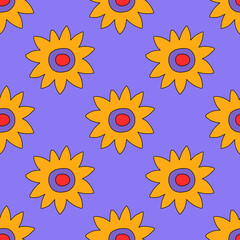 square vector seamless pattern - flower in hippie style.1970 good vibes.Funky and groovy 1970 daisy flower.Funky 1960 psychedelic ornament with floral.Kidcore kawaii wallpaper and fabric.Floral naive