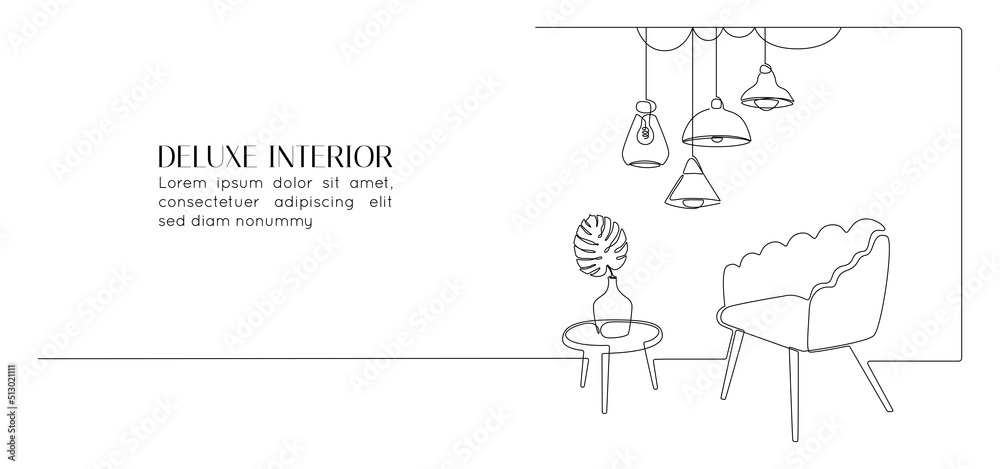 Poster One continuous line drawing of armchair and floor lamp and vase with plant. Modern scandinavian and soft furniture chair in simple linear style. Editable stroke. Doodle vector illustration