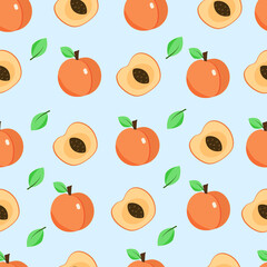 Fruit pattern. Juicy peaches. Vector illustration in flat style.