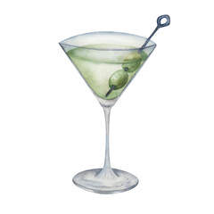 Watercolor illustration of hand painted green cocktail in matrini glass with green olives. Alcohol beverage drink. Dirty martini. Dry martini. Isolated clip art of goblet for menu in restaurant, cafe