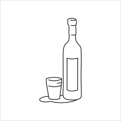 Vodka bottle and glass outline icon on white background. Black white cartoon sketch graphic design. Doodle style. Hand drawn image. Party drinks concept. Freehand drawing style