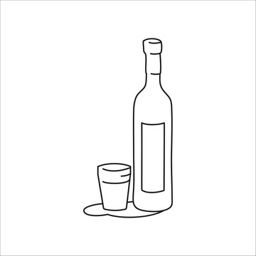 Vodka bottle and glass outline icon on white background. Black white cartoon sketch graphic design. Doodle style. Hand drawn image. Party drinks concept. Freehand drawing style