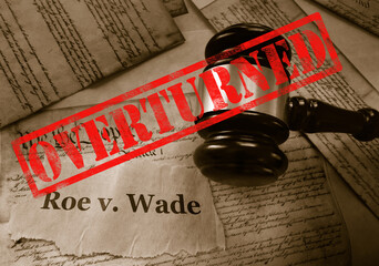 Fototapeta  Roe v Wade news headline with gavel and Overturned stamp on the United States Constitution obraz