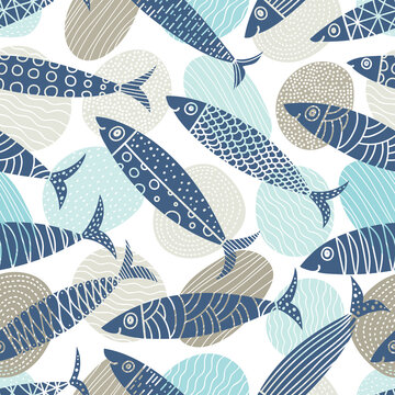 sardines and stones. Kids background. Seamless pattern. Can be used in textile industry, paper, background, scrapbooking.