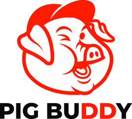 Obraz premium Cute Chubby Pig Wearing Cap Monoline Outline Logo Vector Icon Illustration