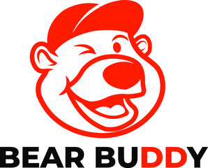 Friendly Bear Wearing Cap Cartoon Monoline Outline Logo Vector Icon Illustration