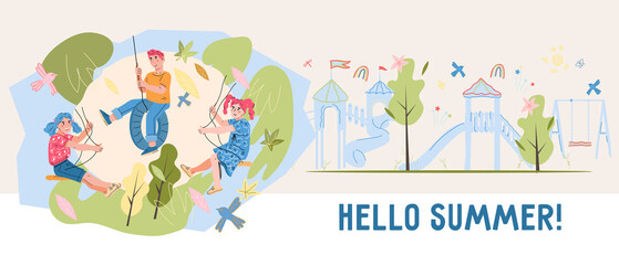 Hello summer banner or flyer design with happy children on swing, flat cartoon vector illustration. Kids camp and summer entertainments promo banner layout.